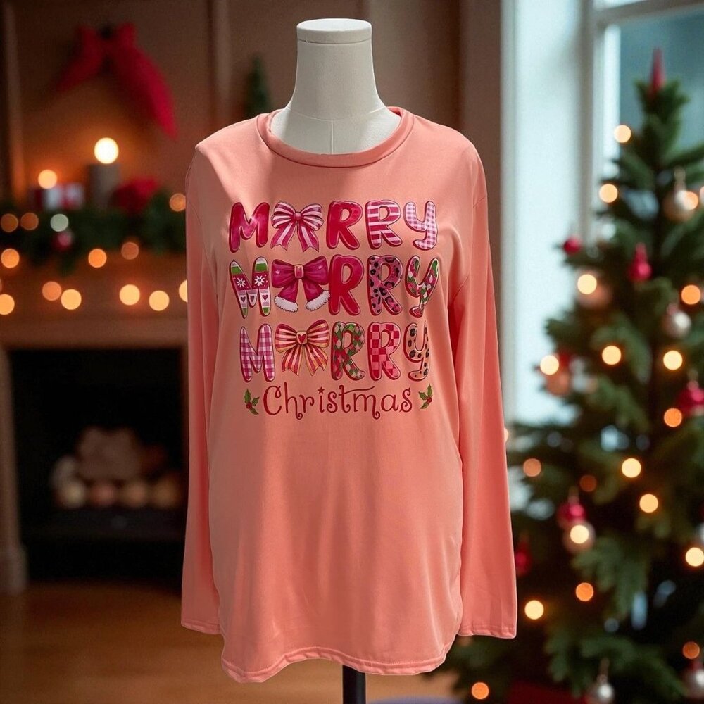 Merry Christmas Sweatshirt XL Coral Pink Coquette Soft Girl Whimsical Holiday